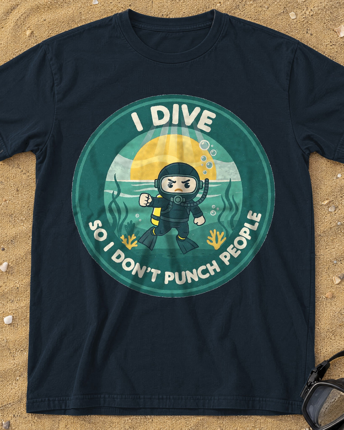 Graphite I Dive So I Don't Punch People tee on a sandy beach
