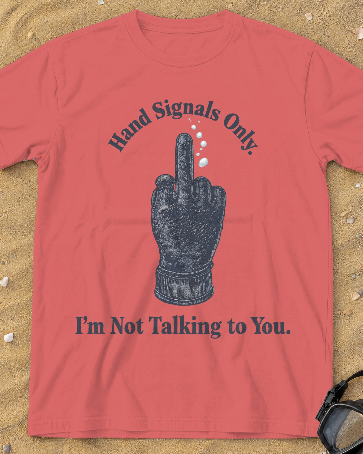 Neon Red Orange Hand Signals Only tee on a sandy beach