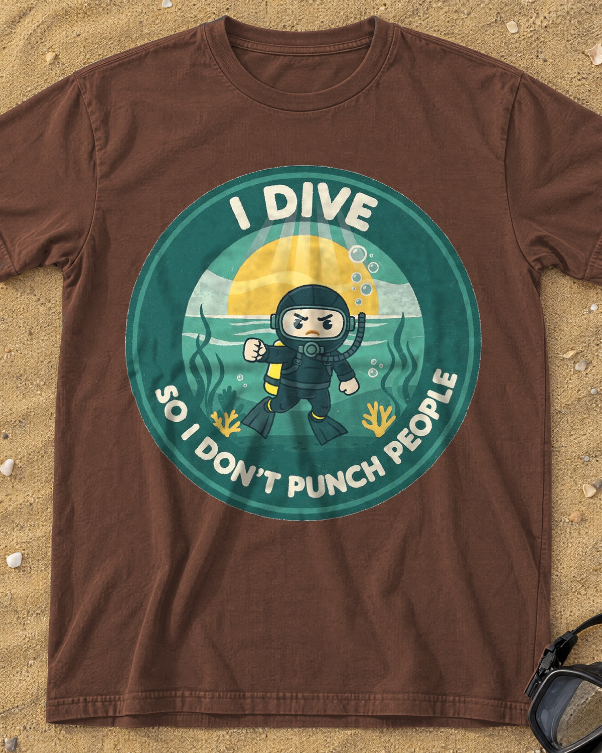 Espresso I Dive So I Don't Punch People tee on a sandy beach