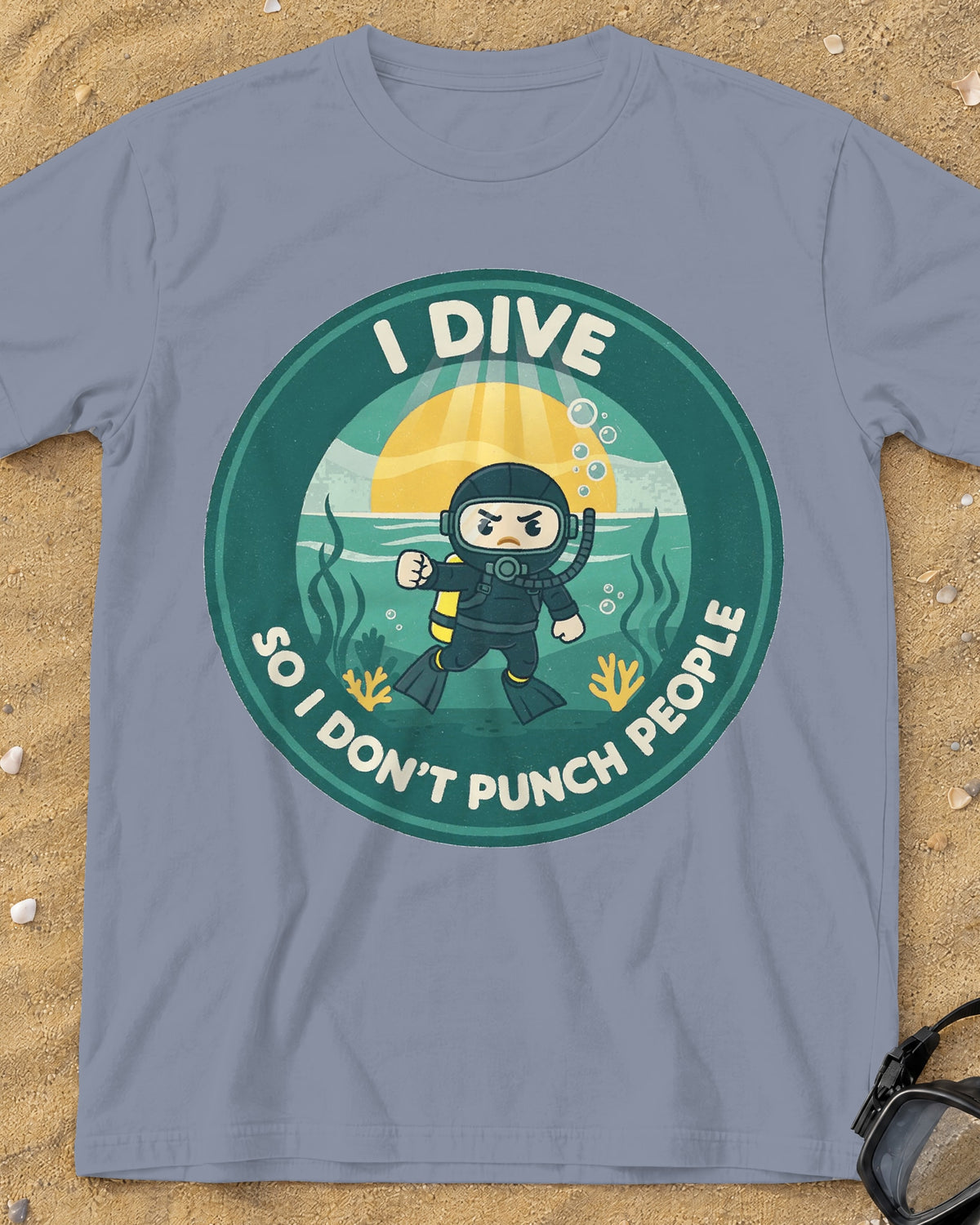 Washed Denim I Dive So I Don't Punch People tee on a sandy beach