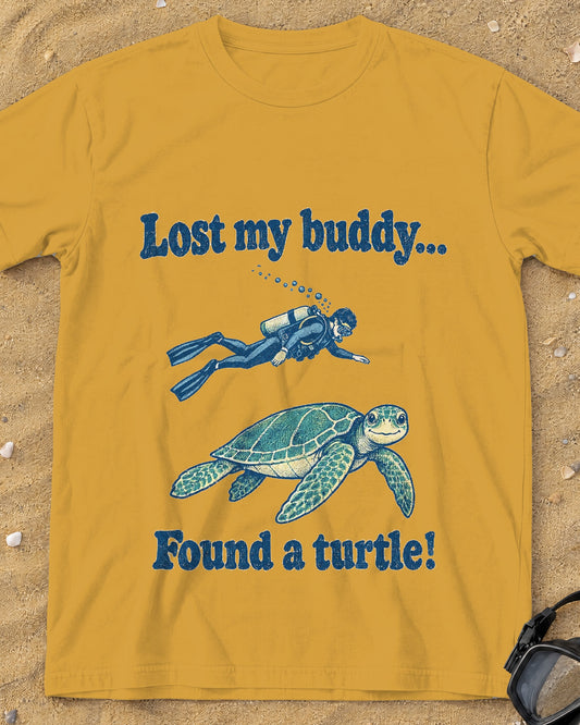 Mustard Lost My Buddy. Found a Turtle! tee on a sandy beach