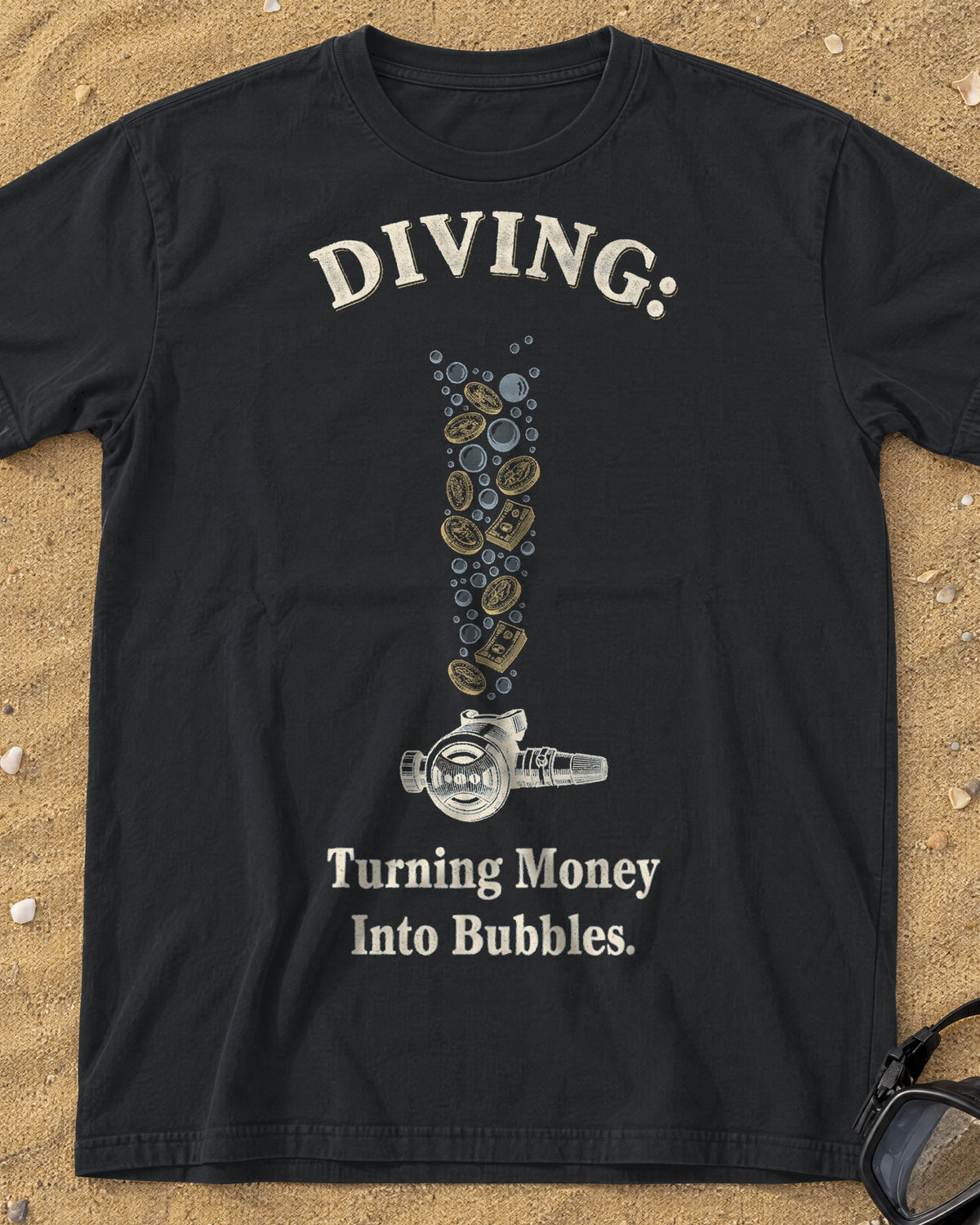 Black Diving: Turning Money Into Bubbles tee on a sandy beach