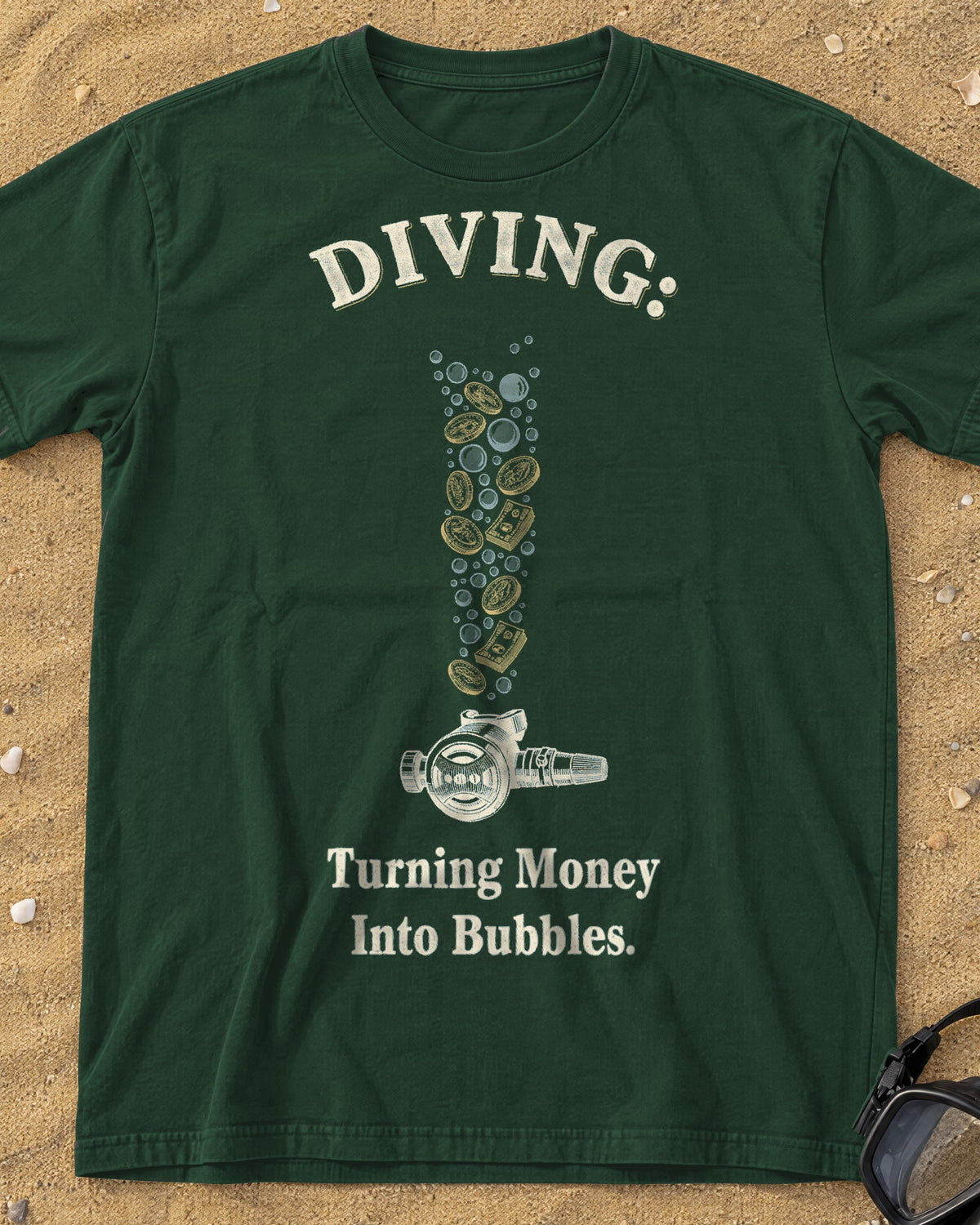 Moss Diving: Turning Money Into Bubbles tee on a sandy beach